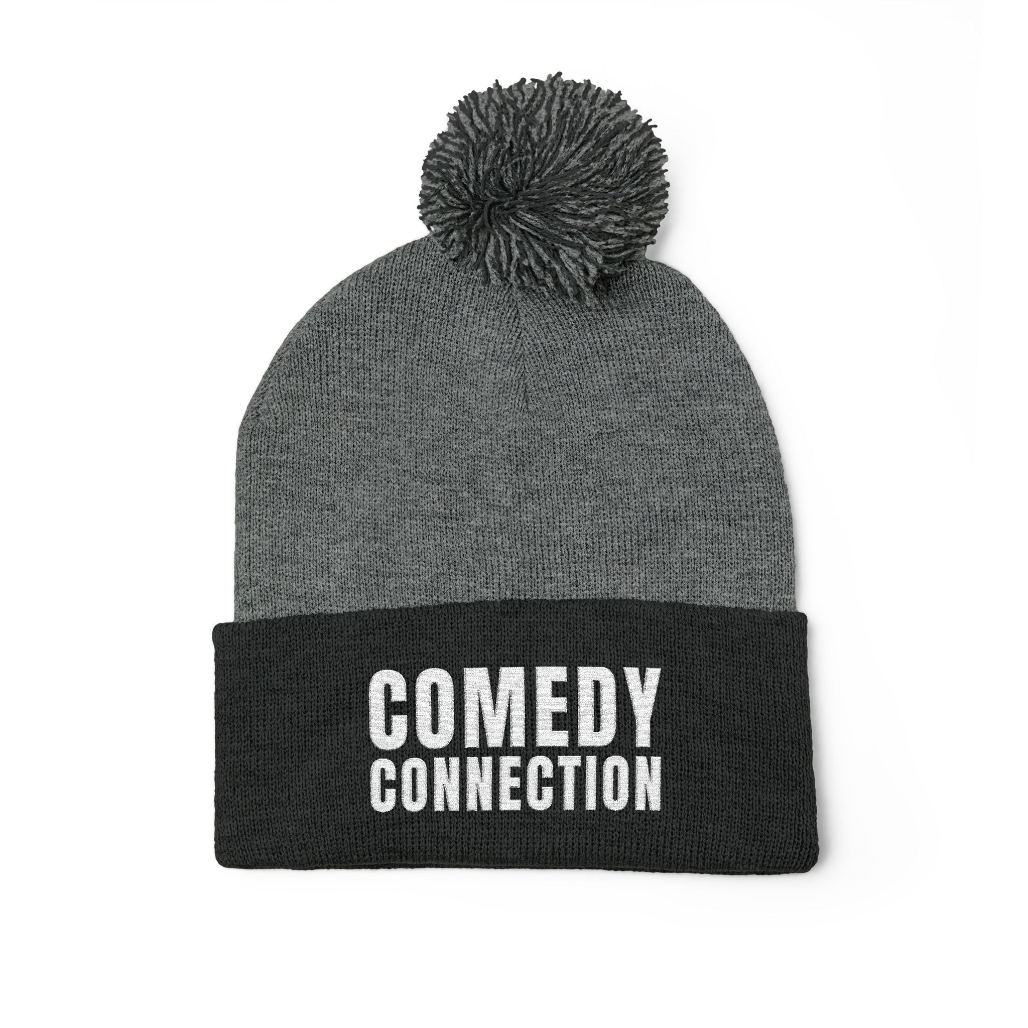 Comedy Connection Pom-Pom Beanie – Embroidered Knit Cap
