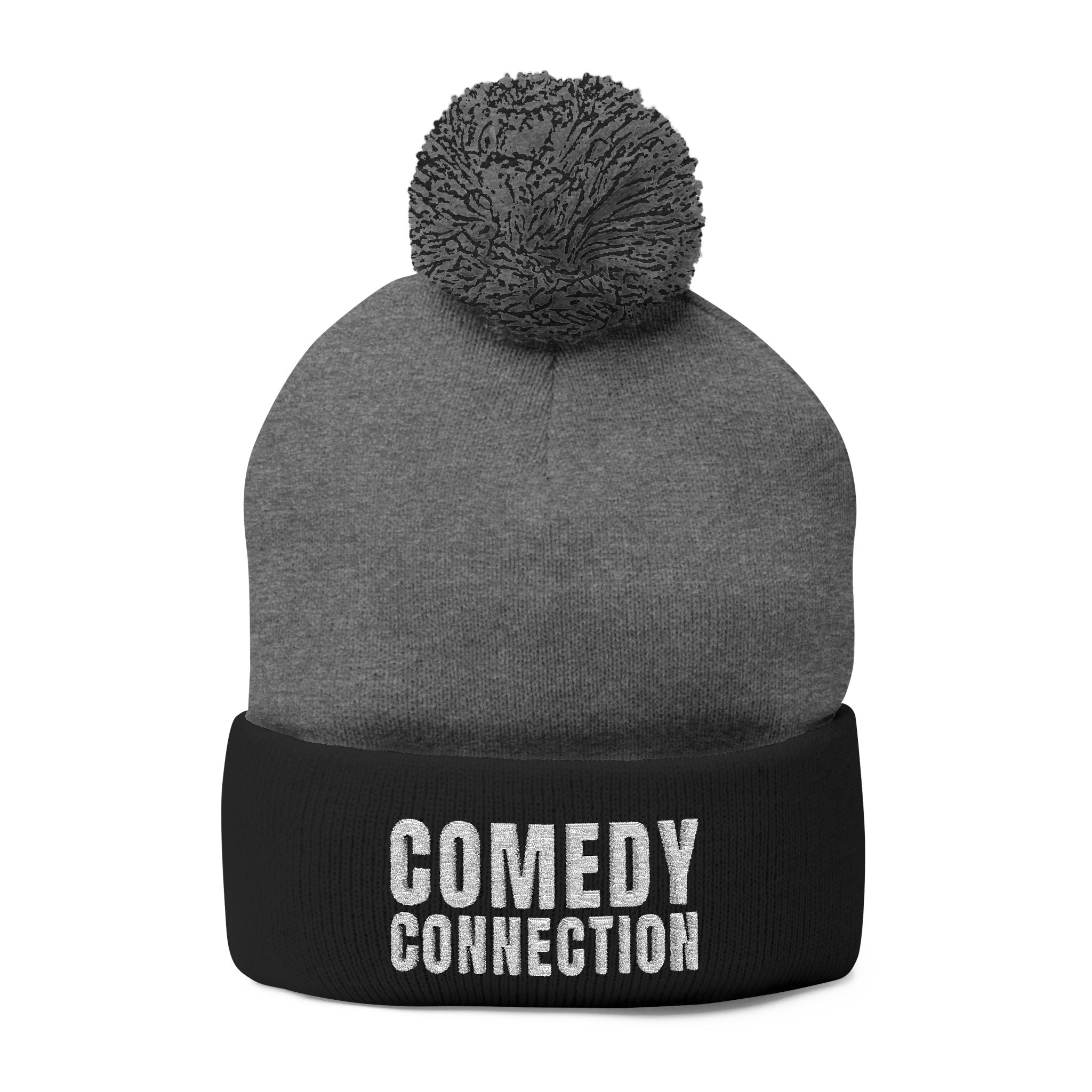 Comedy Connection Pom-Pom Beanie – Embroidered Knit Cap