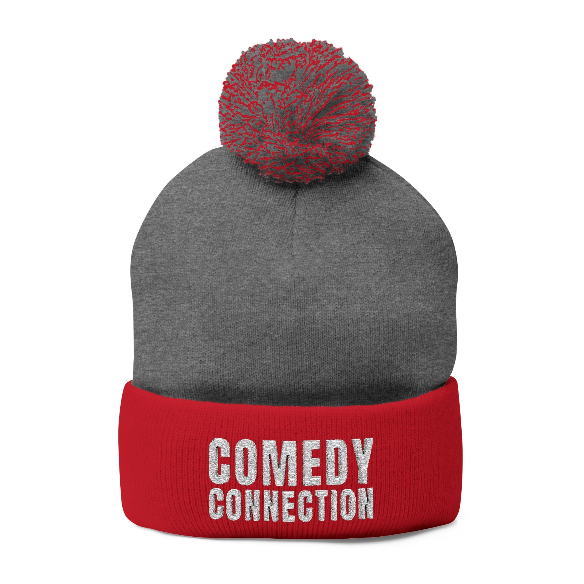 Comedy Connection Pom-Pom Beanie – Embroidered Knit Cap