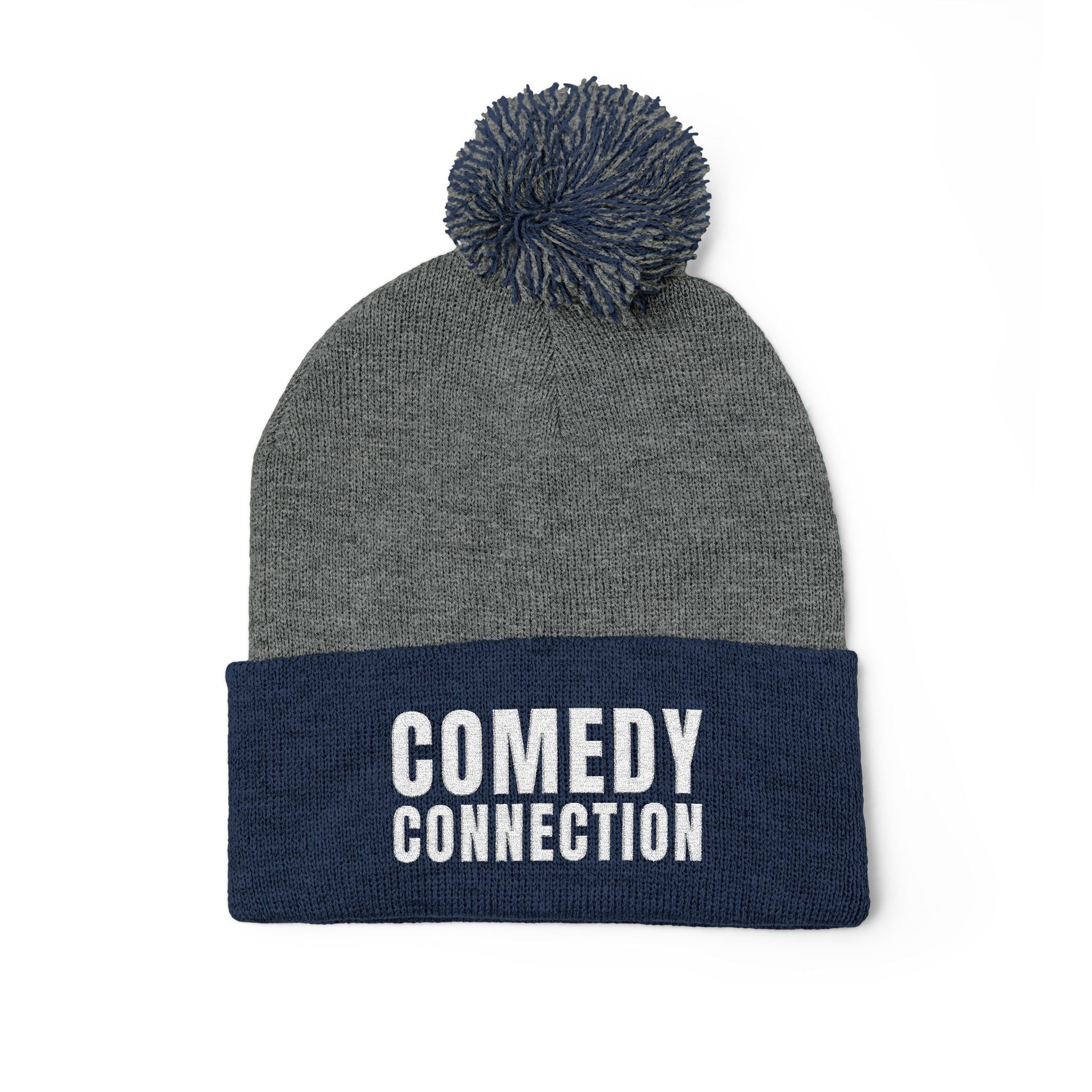 Comedy Connection Pom-Pom Beanie – Embroidered Knit Cap