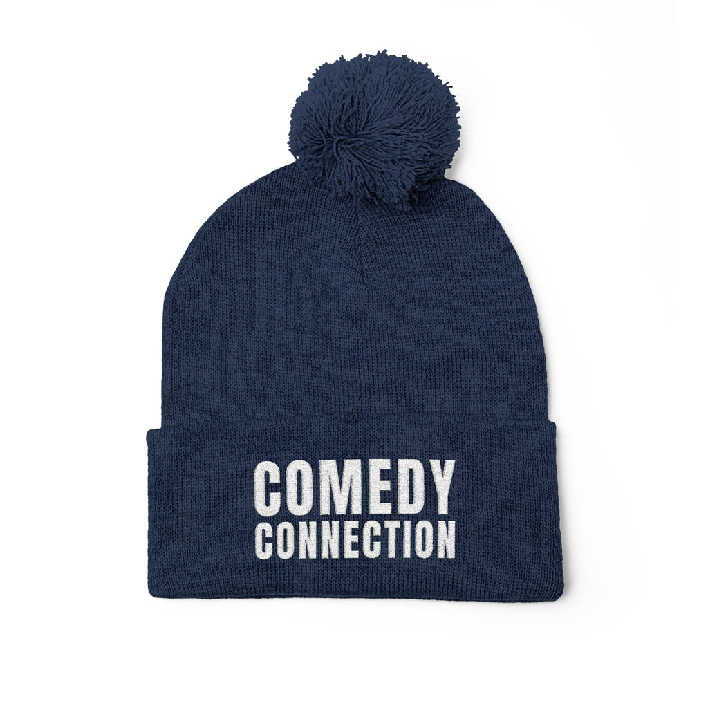 Comedy Connection Pom-Pom Beanie – Embroidered Knit Cap