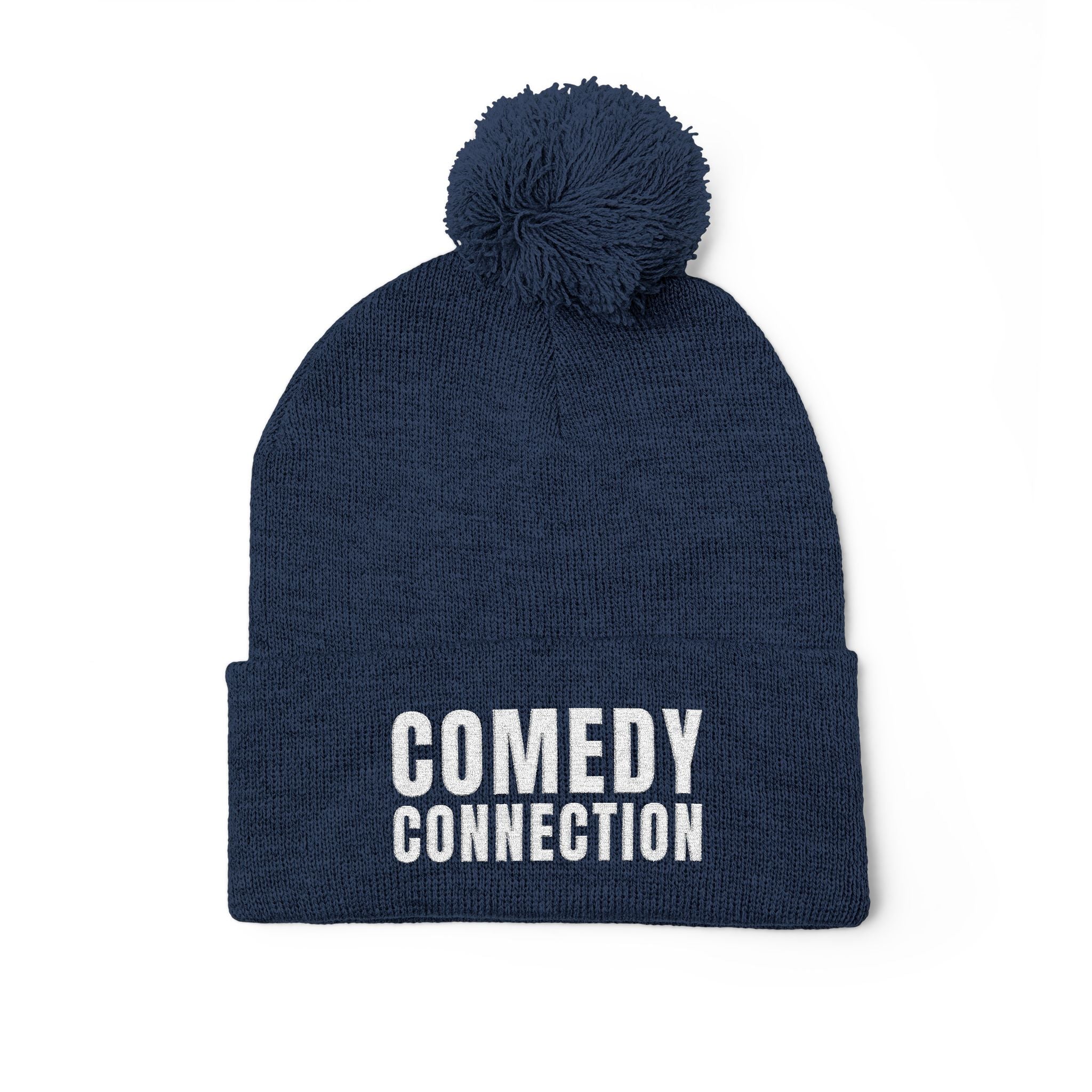 Comedy Connection Pom-Pom Beanie – Embroidered Knit Cap
