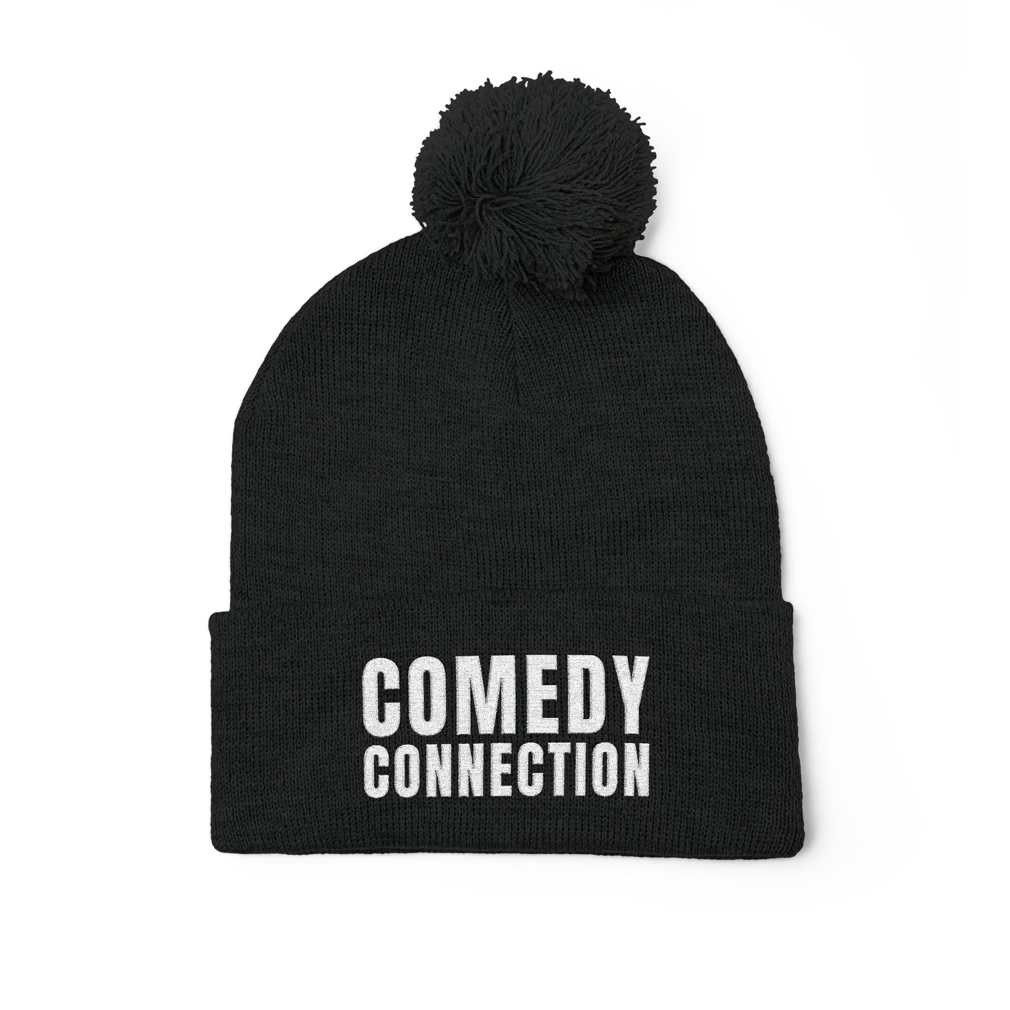 Comedy Connection Pom-Pom Beanie – Embroidered Knit Cap