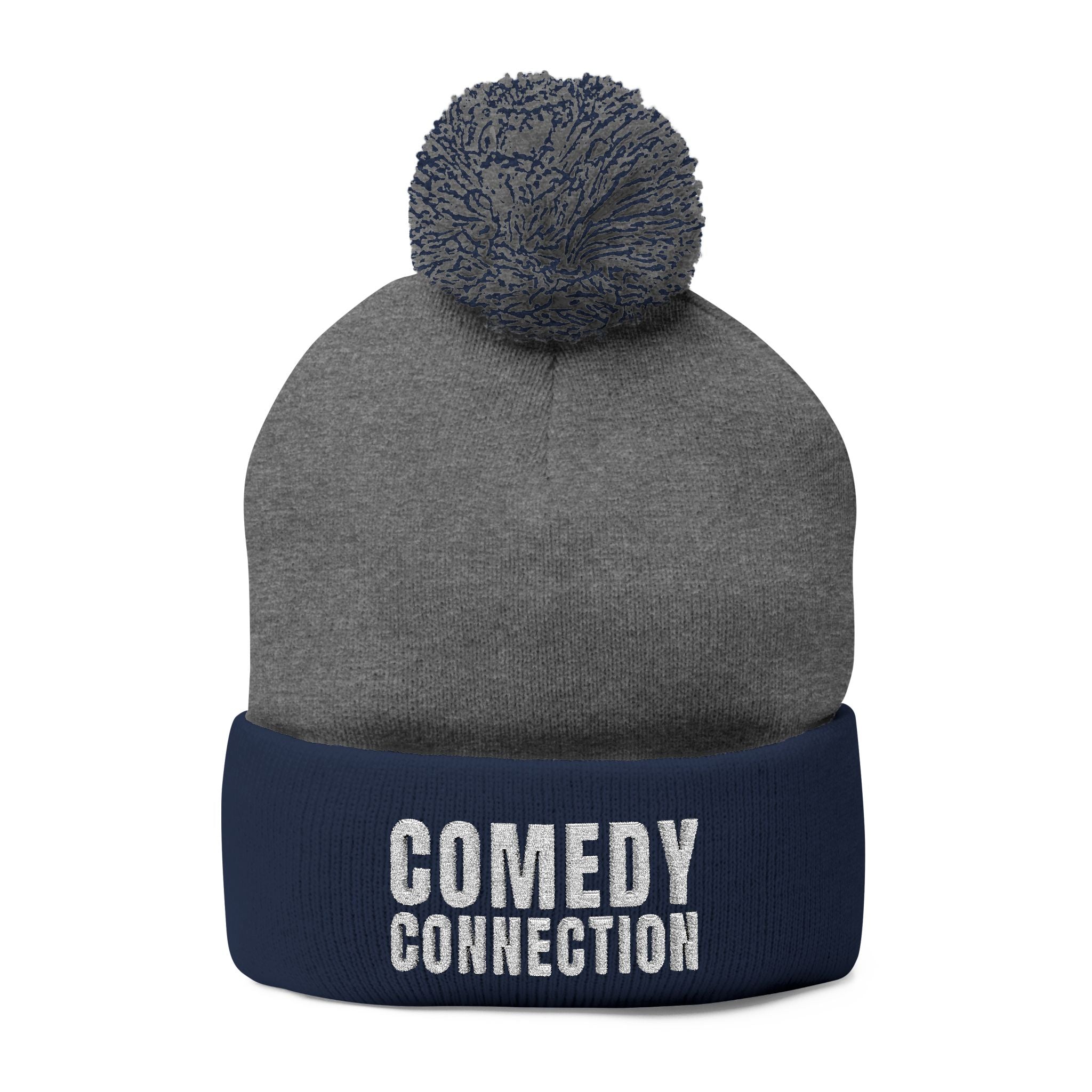 Comedy Connection Pom-Pom Beanie – Embroidered Knit Cap