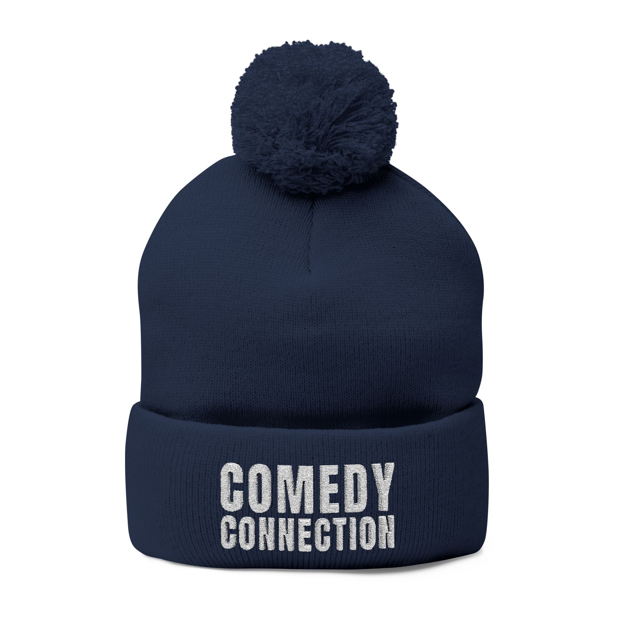 Comedy Connection Pom-Pom Beanie – Embroidered Knit Cap
